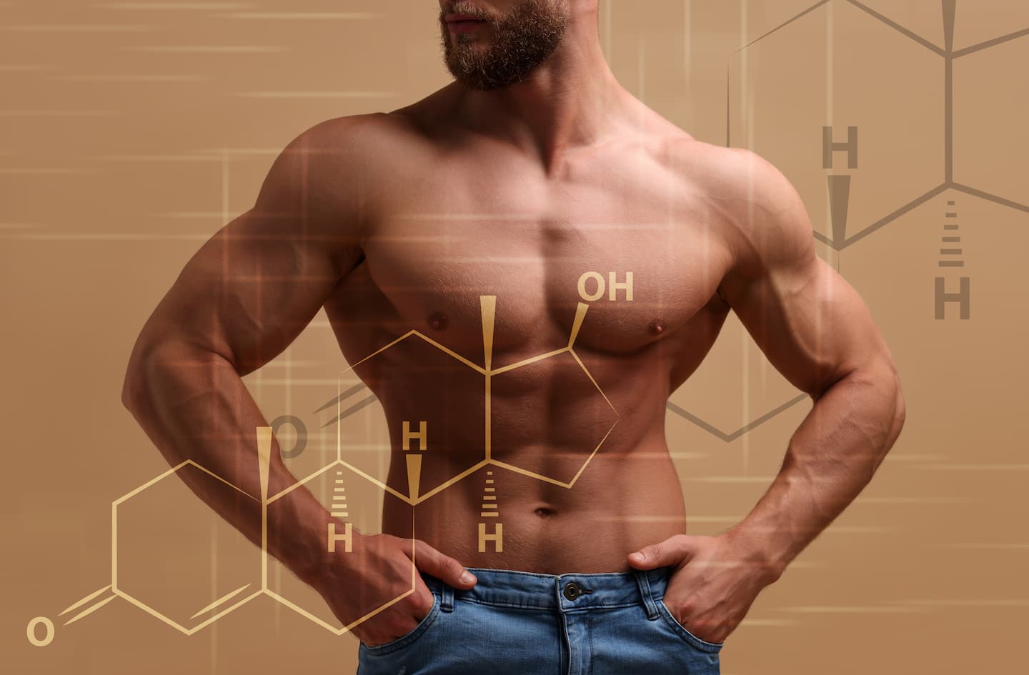 muscular man structural formula testosterone beige background closeup 1
